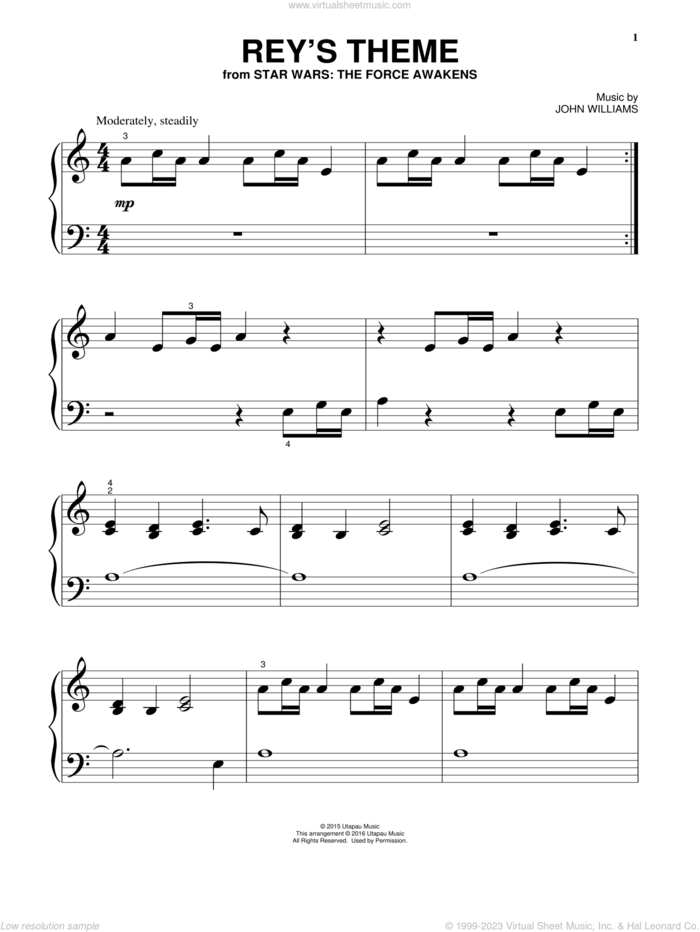 Rey's Theme sheet music for piano solo by John Williams, beginner skill level