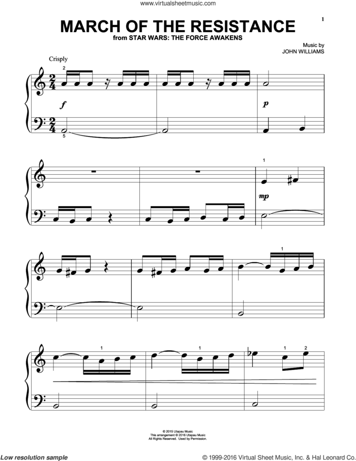 March Of The Resistance sheet music for piano solo by John Williams, beginner skill level