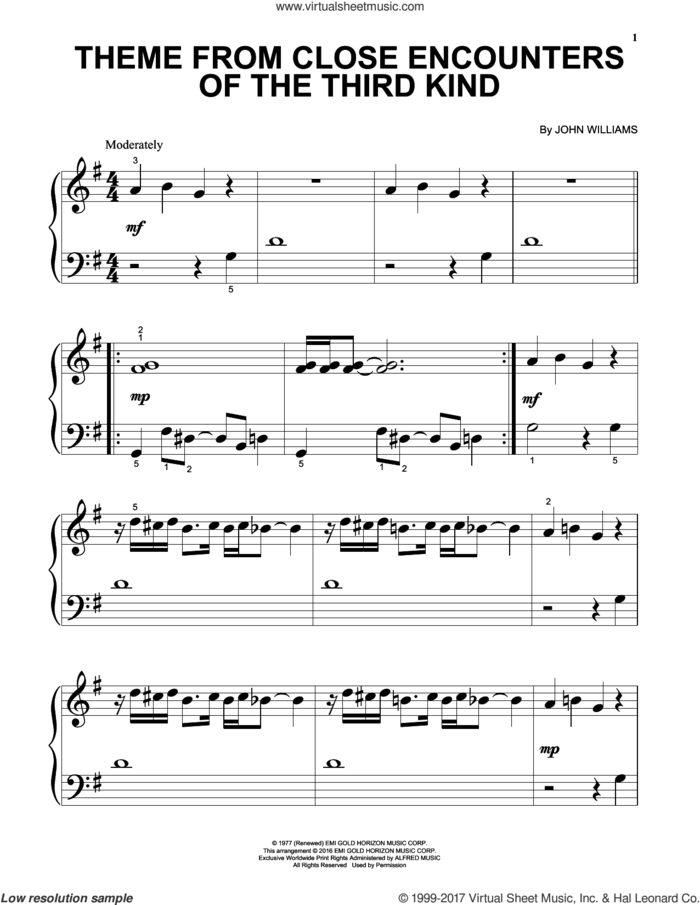 Theme From Close Encounters Of The Third Kind sheet music for piano solo (big note book) by John Williams, easy piano (big note book)