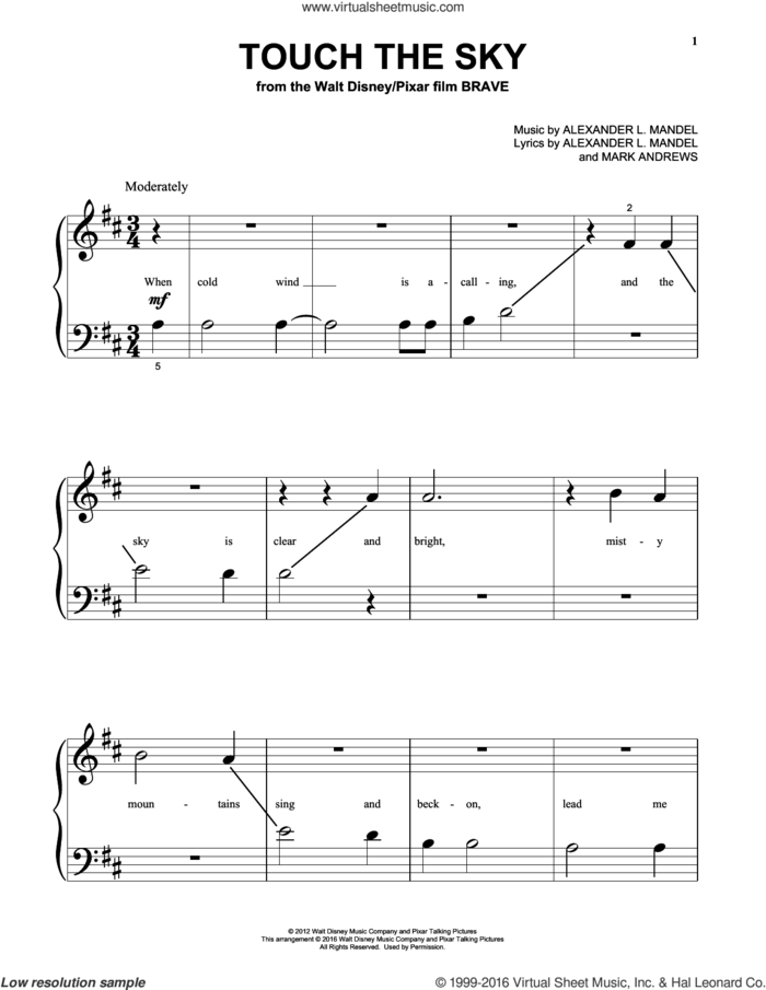 Touch The Sky (From Brave) sheet music for piano solo (big note book) by Julie Fowlis, Alexander L. Mandel and Mark Andrews, easy piano (big note book)