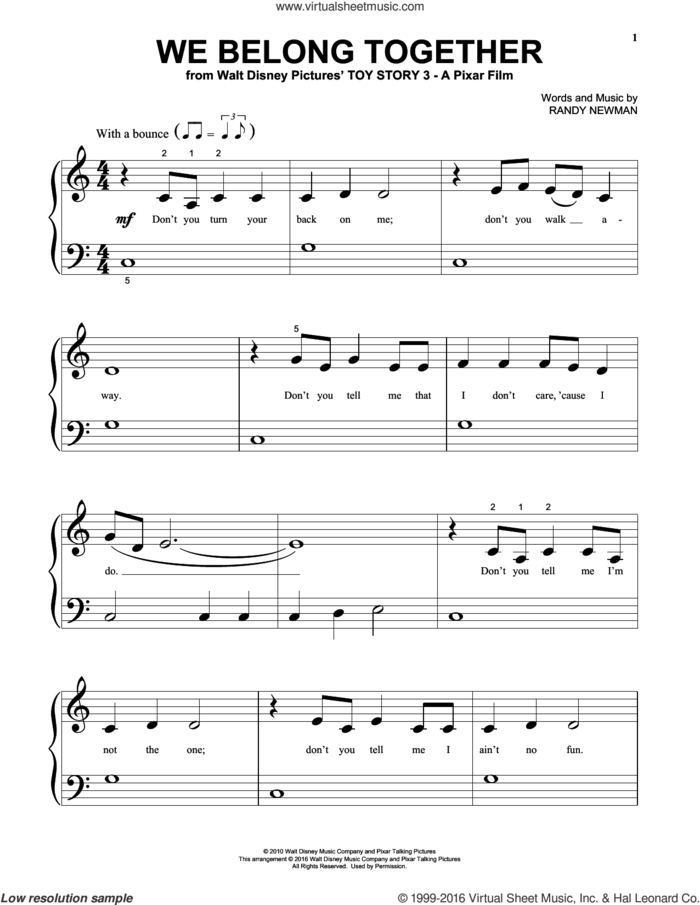 We Belong Together (from Toy Story 3) sheet music for piano solo (big note book) by Randy Newman, easy piano (big note book)