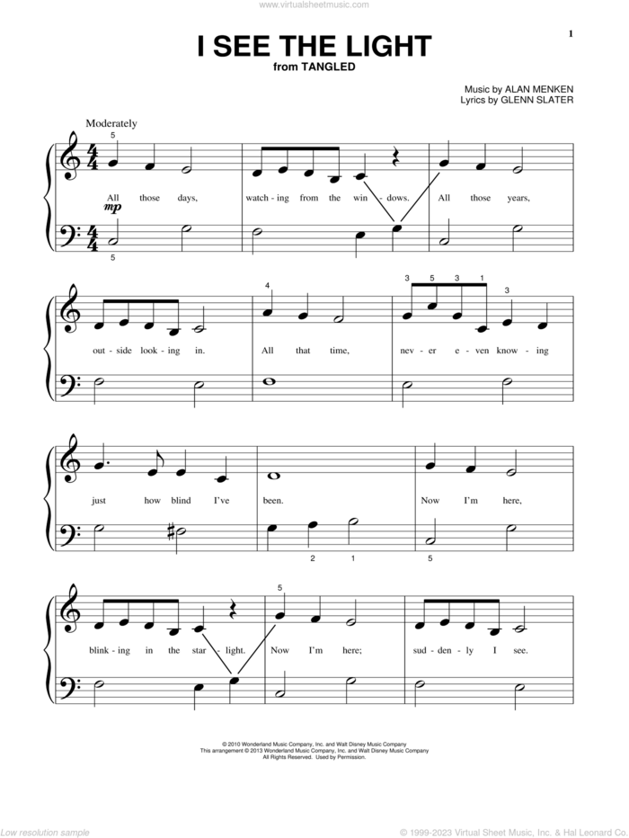 I See The Light (from Tangled) sheet music for piano solo (big note book) by Alan Menken and Glenn Slater, easy piano (big note book)