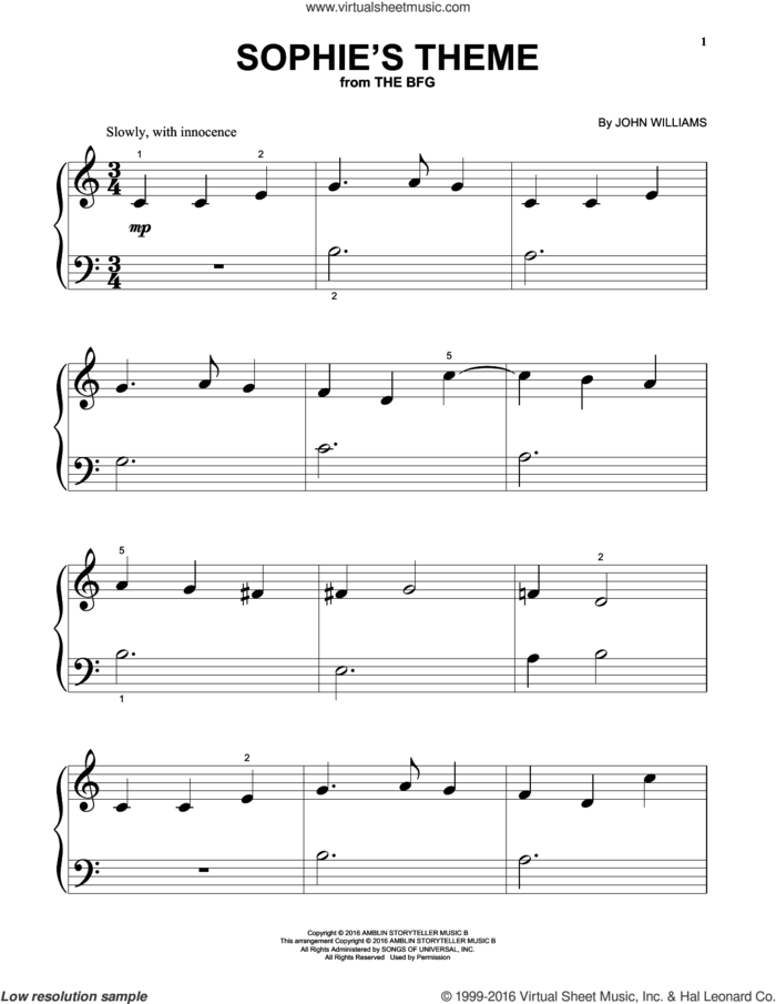 Sophie's Theme sheet music for piano solo (big note book) by John Williams, easy piano (big note book)