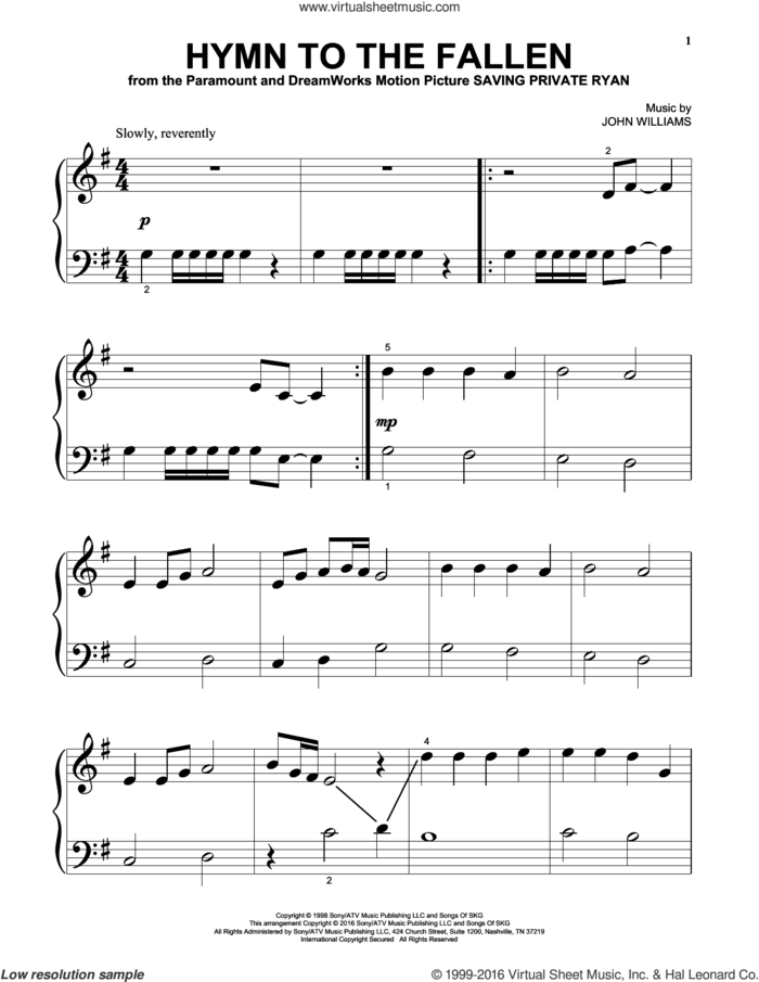 Hymn To The Fallen sheet music for piano solo (big note book) by John Williams, easy piano (big note book)
