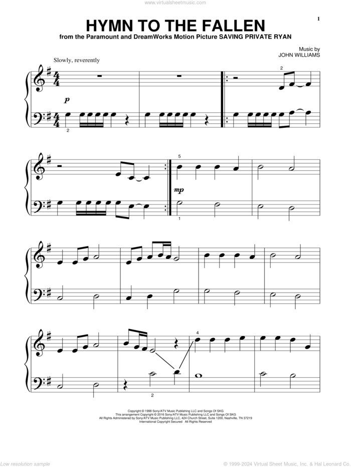 Hymn To The Fallen, (beginner) sheet music for piano solo by John Williams, beginner skill level