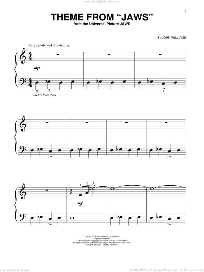 Theme from Jaws, (beginner) sheet music for piano solo by John Williams, beginner skill level