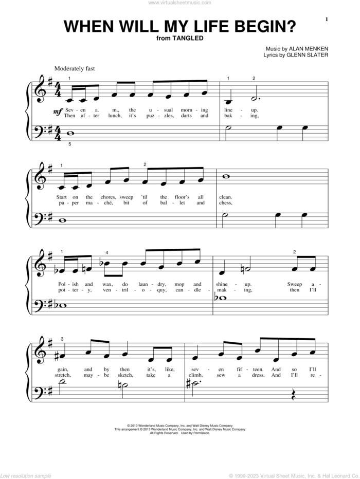 When Will My Life Begin? (from Tangled) sheet music for piano solo by Mandy Moore, Alan Menken and Glenn Slater, beginner skill level
