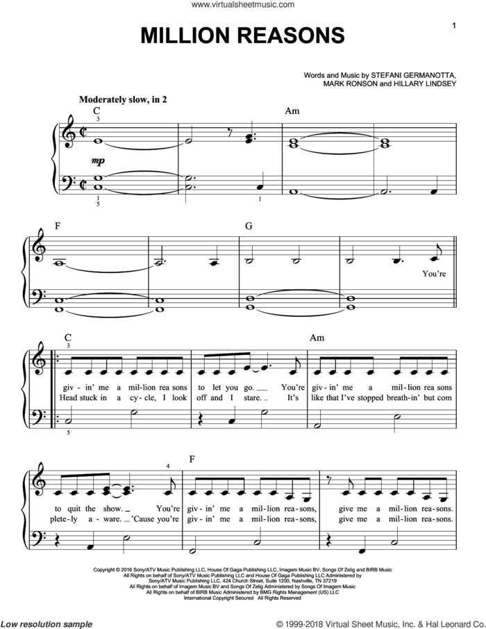 Million Reasons, (easy) sheet music for piano solo by Lady Gaga, Hillary Lindsey and Mark Ronson, easy skill level