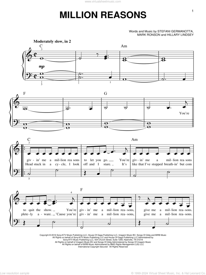 Million Reasons, (easy) sheet music for piano solo by Lady Gaga, Hillary Lindsey and Mark Ronson, easy skill level