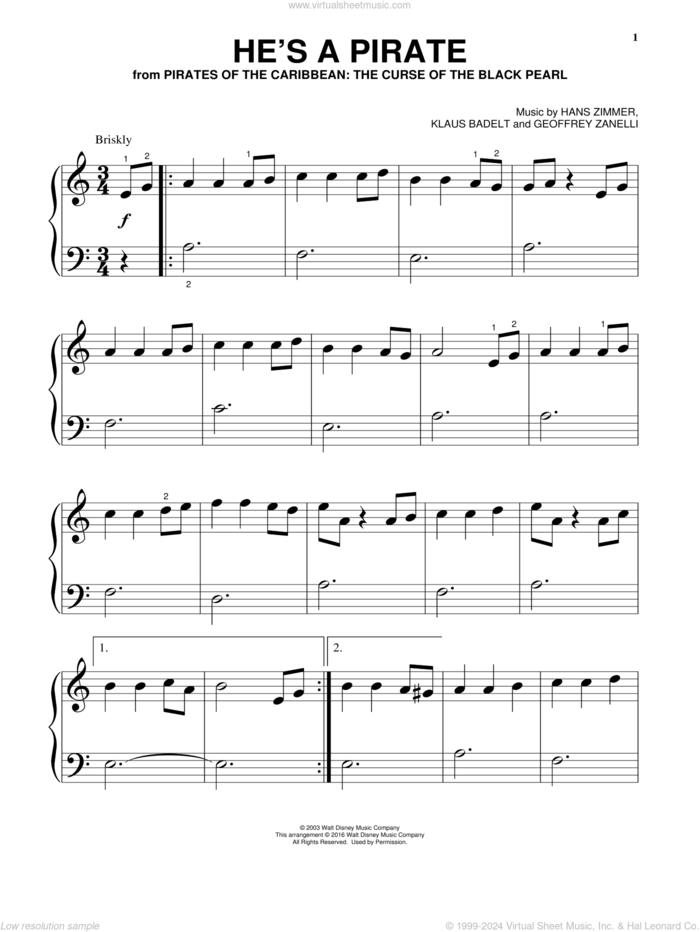 He's A Pirate (from Pirates Of The Caribbean: The Curse of the Black Pearl) sheet music for piano solo by Hans Zimmer, Geoffrey Zanelli and Klaus Badelt, beginner skill level