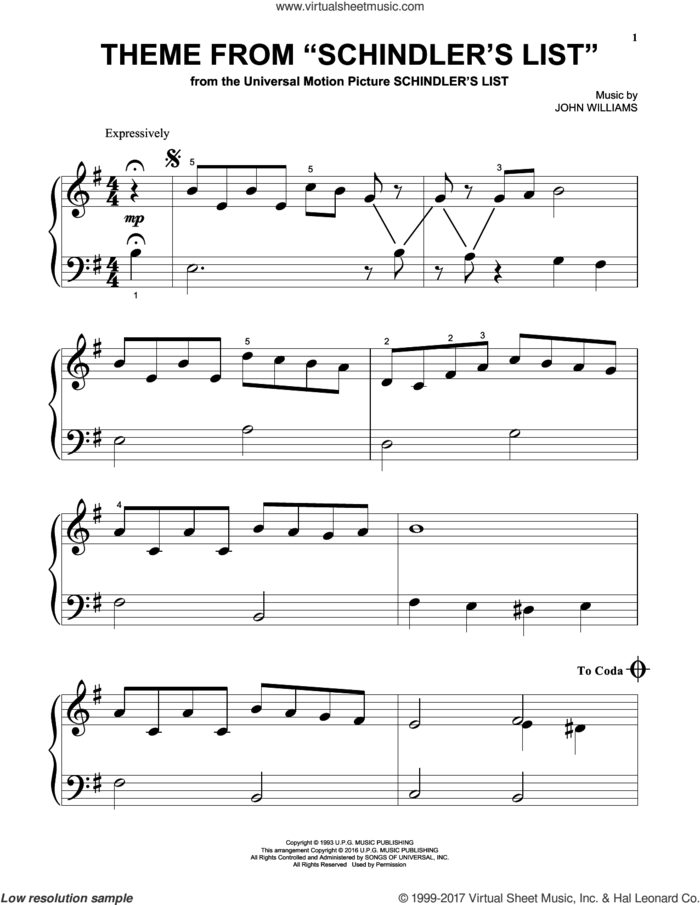 Theme From Schindler's List sheet music for piano solo by John Williams, beginner skill level