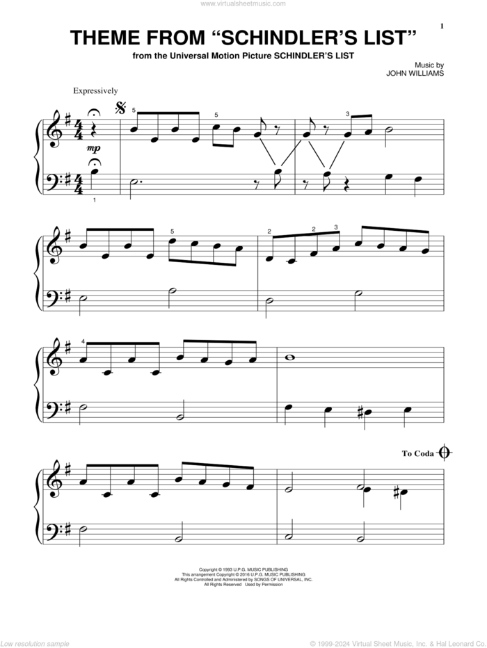 Theme From Schindler's List sheet music for piano solo by John Williams, beginner skill level