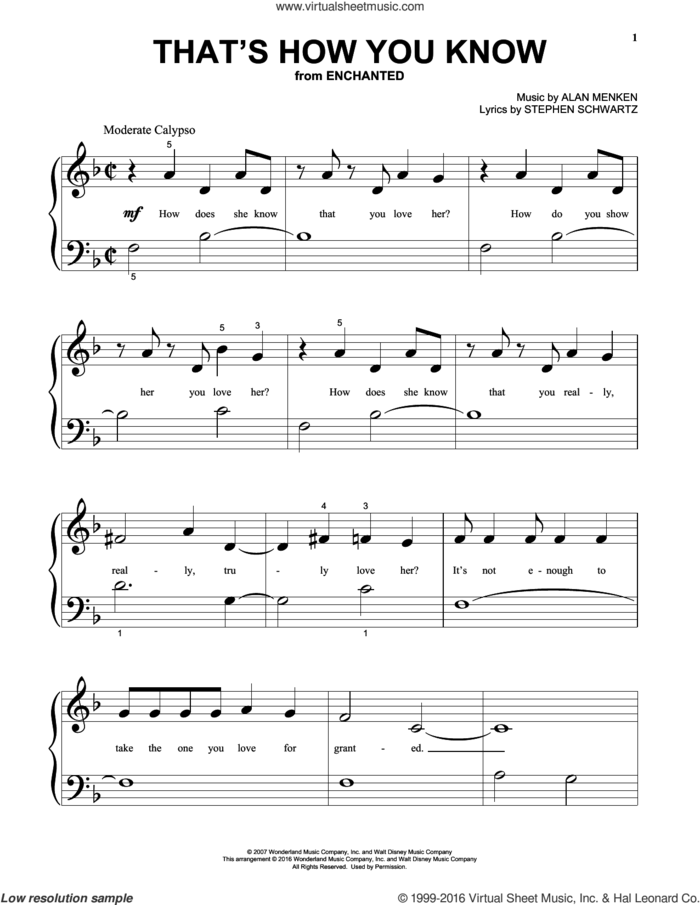 That's How You Know (from Enchanted) sheet music for piano solo by Stephen Schwartz, Amy Adams and Alan Menken, beginner skill level