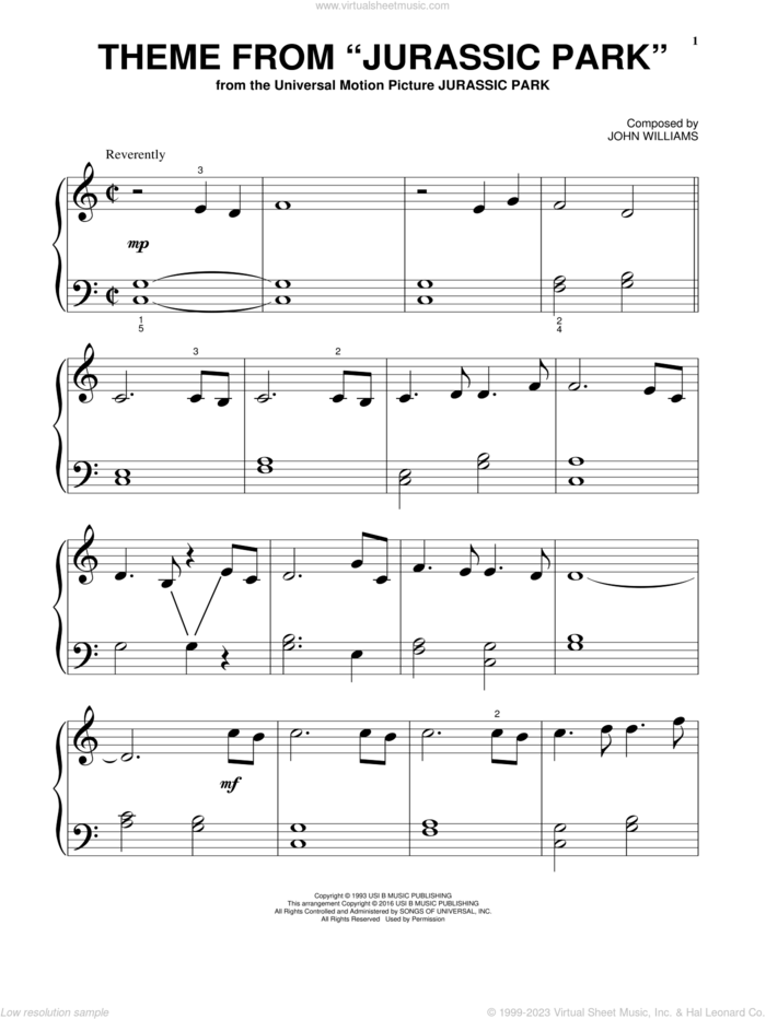 Theme From Jurassic Park, (beginner) sheet music for piano solo by John Williams, beginner skill level