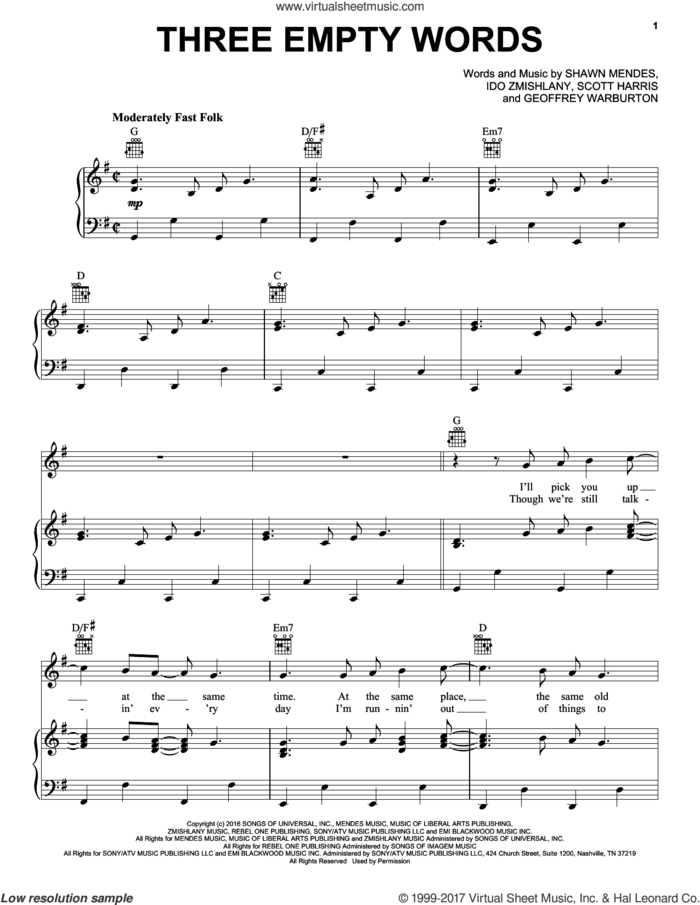 Three Empty Words sheet music for voice, piano or guitar by Shawn Mendes, Geoffrey Warburton, Ido Zmishlany and Scott Harris, intermediate skill level