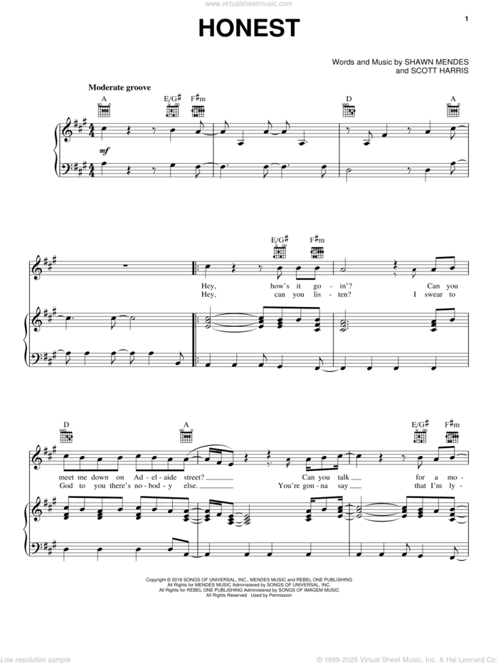 Honest sheet music for voice, piano or guitar by Shawn Mendes and Scott Harris, intermediate skill level