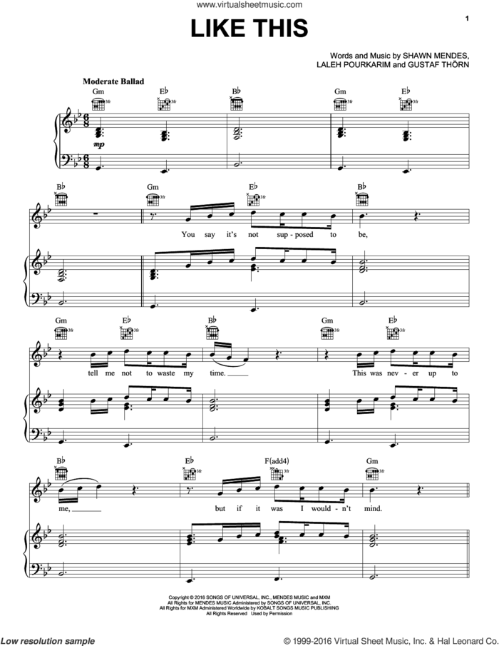 Like This sheet music for voice, piano or guitar by Shawn Mendes, Gustaf Thorn and Laleh Pourkarim, intermediate skill level