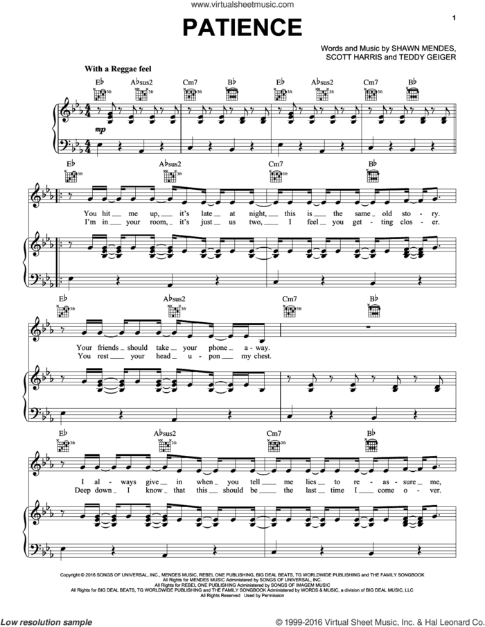 Patience sheet music for voice, piano or guitar by Shawn Mendes, Scott Harris and Teddy Geiger, intermediate skill level