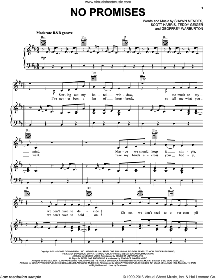 No Promises sheet music for voice, piano or guitar by Shawn Mendes, Geoffrey Warburton, Scott Harris and Teddy Geiger, intermediate skill level