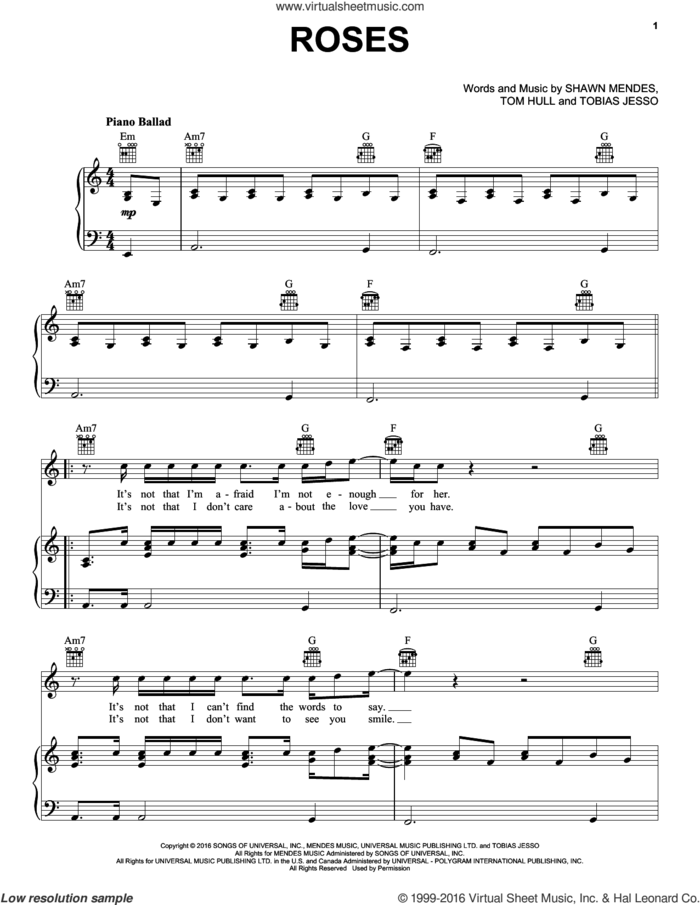 Roses sheet music for voice, piano or guitar by Shawn Mendes, Tobias Jesso and Tom Hull, intermediate skill level