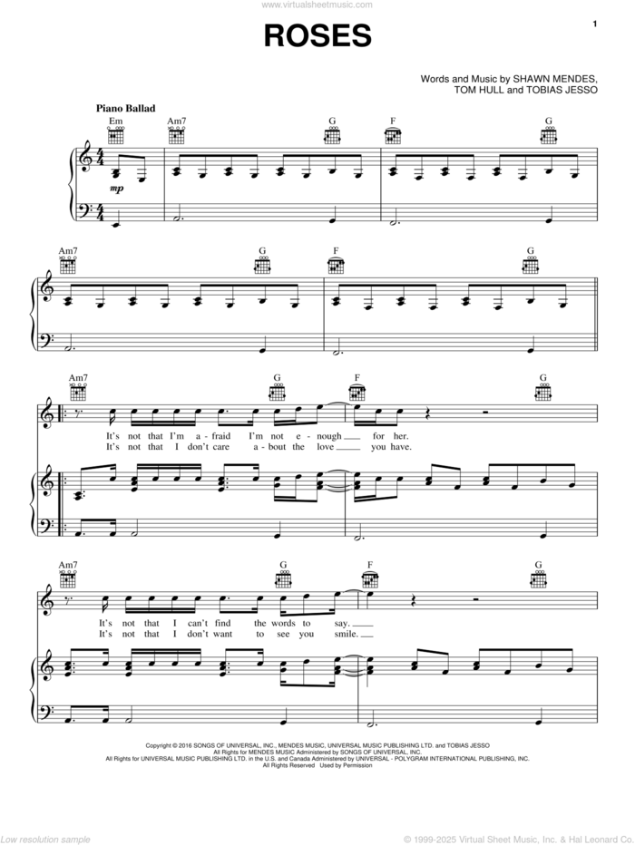 Roses sheet music for voice, piano or guitar by Shawn Mendes, Tobias Jesso and Tom Hull, intermediate skill level