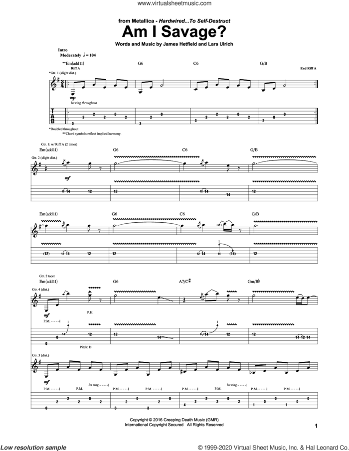Am I Savage? sheet music for guitar (tablature) by Metallica, James Hetfield and Lars Ulrich, intermediate skill level
