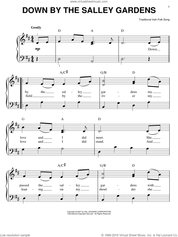Down By The Sally Gardens sheet music for piano solo, easy skill level