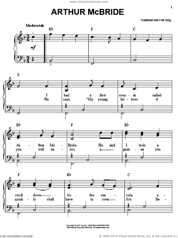 Arthur McBride sheet music for piano solo, easy skill level