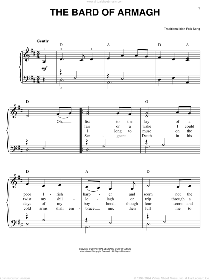 The Bard Of Armagh sheet music for piano solo, easy skill level