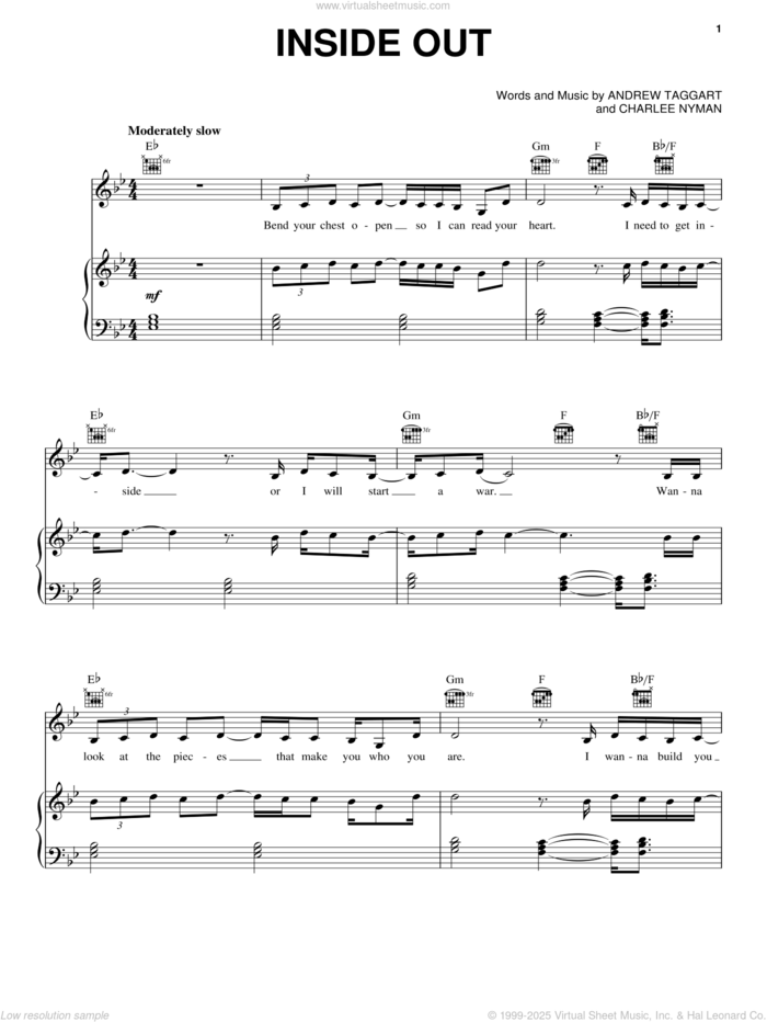 Inside Out sheet music for voice, piano or guitar by The Chainsmokers, Andrew Taggart and Charlee Nyman, intermediate skill level