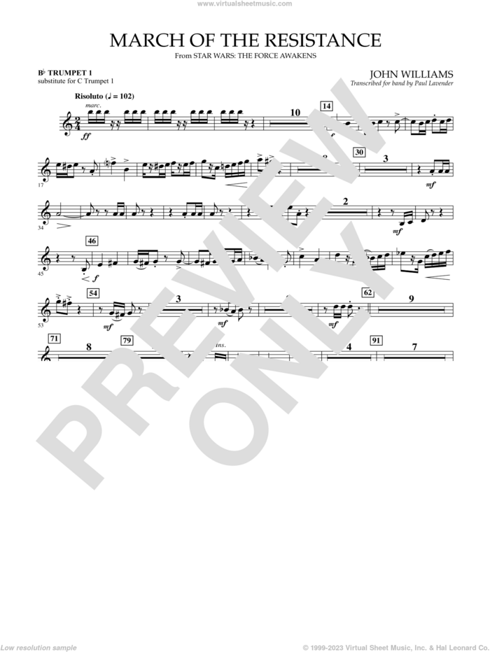 March of the Resistance, Bb trumpet 1 sub. c tpt. 1 sheet music for concert band (- Bb trumpet 1, sub. c tpt. 1) by John Williams and Paul Lavender, classical score, intermediate skill level