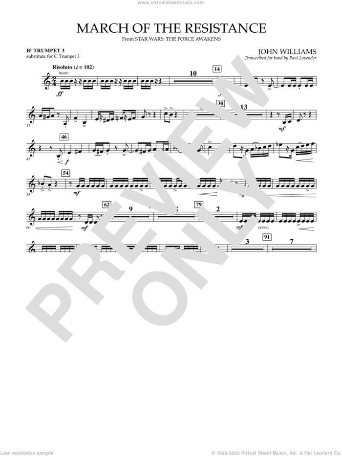 March of the Resistance, Bb trumpet 1 sub. c tpt. 1 sheet music for concert band (- Bb trumpet 3, sub. c tpt. 3) by John Williams and Paul Lavender, classical score, intermediate skill level