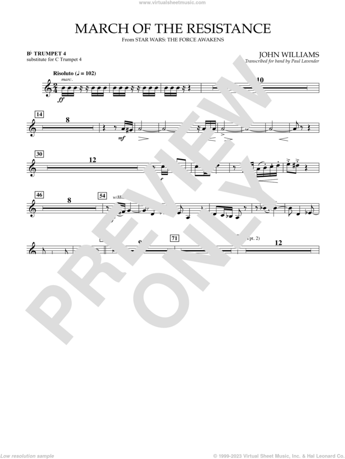 March of the Resistance, Bb trumpet 1 sub. c tpt. 1 sheet music for concert band (- Bb trumpet 4, sub. c tpt. 4) by John Williams and Paul Lavender, classical score, intermediate skill level