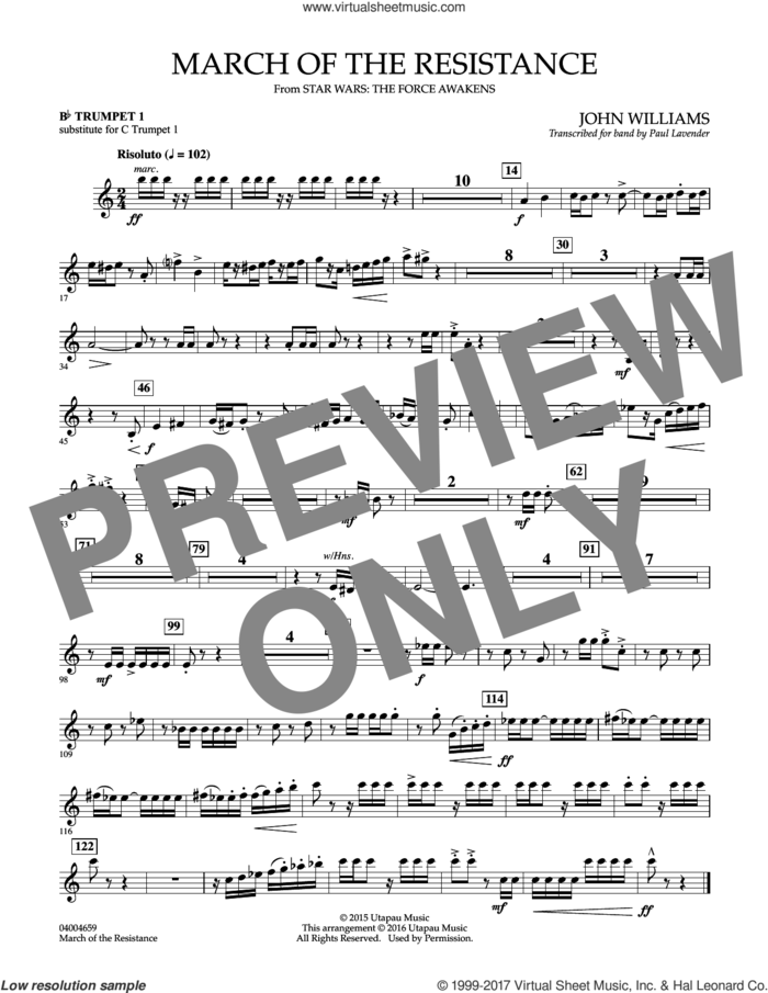 March of the Resistance (from Star Wars: The Force Awakens) - Bb Trumpet Parts (complete set of parts) sheet music for concert band (Trumpet) by John Williams and Paul Lavender, classical score, intermediate skill level