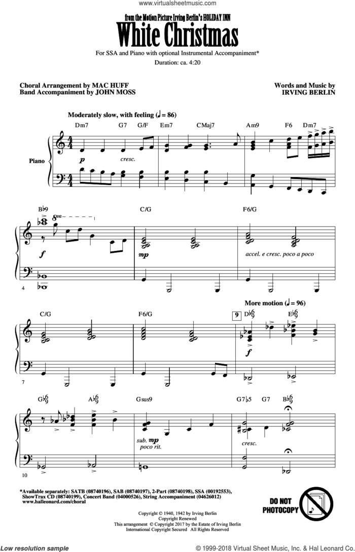 White Christmas (arr. Mac Huff) sheet music for choir (SSA: soprano, alto) by Irving Berlin and Mac Huff, intermediate skill level