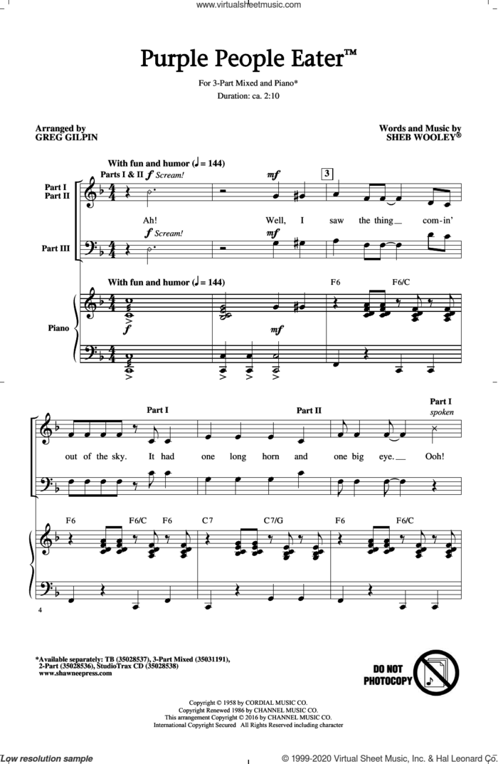 Purple People Eater sheet music for choir (3-Part Mixed) by Sheb Wooley and Greg Gilpin, intermediate skill level