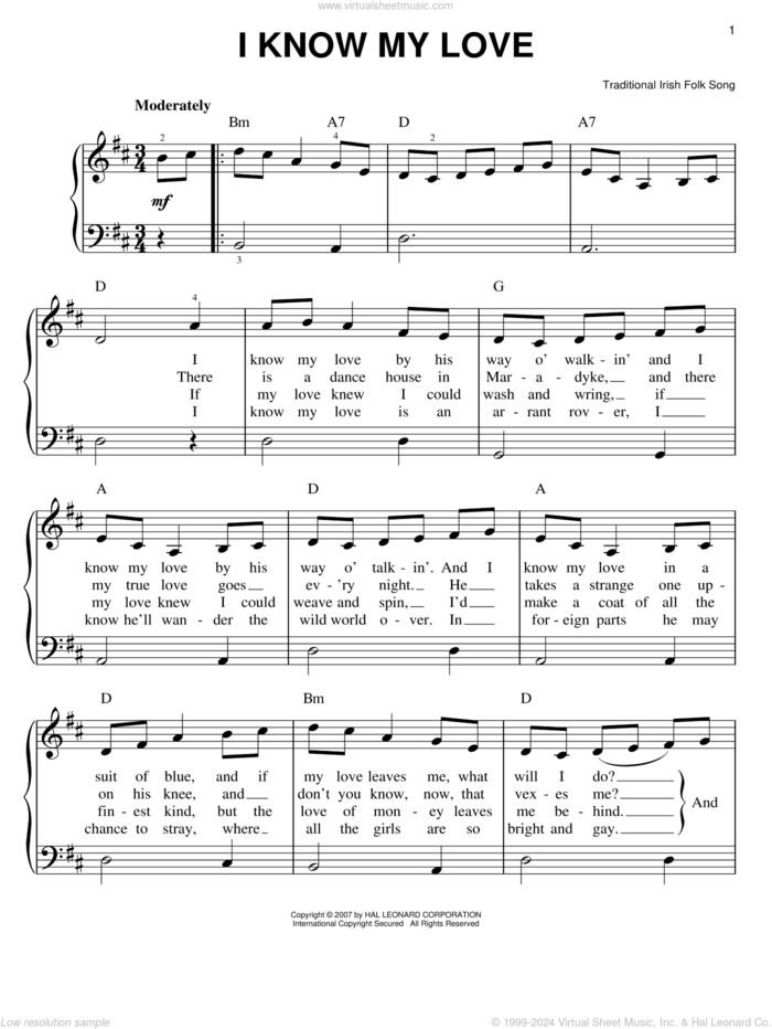 I Know My Love sheet music for piano solo, easy skill level