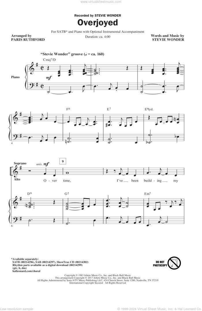 Overjoyed sheet music for choir (SATB: soprano, alto, tenor, bass) by Paris Rutherford and Stevie Wonder, intermediate skill level