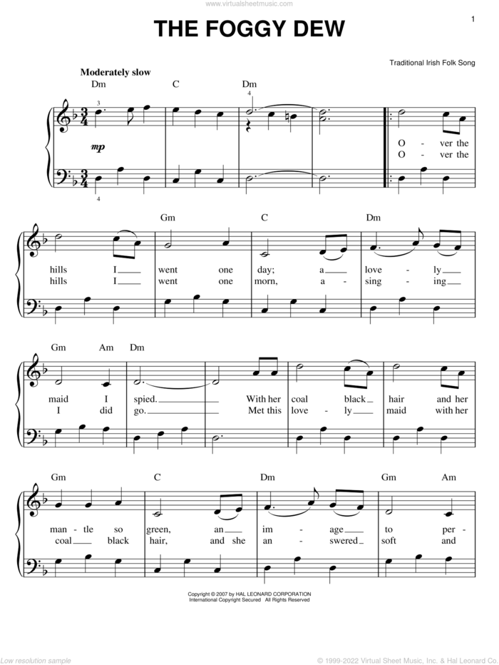 The Foggy Dew sheet music for piano solo, easy skill level