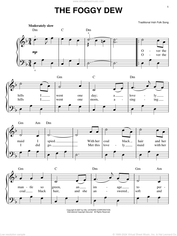 The Foggy Dew sheet music for piano solo, easy skill level