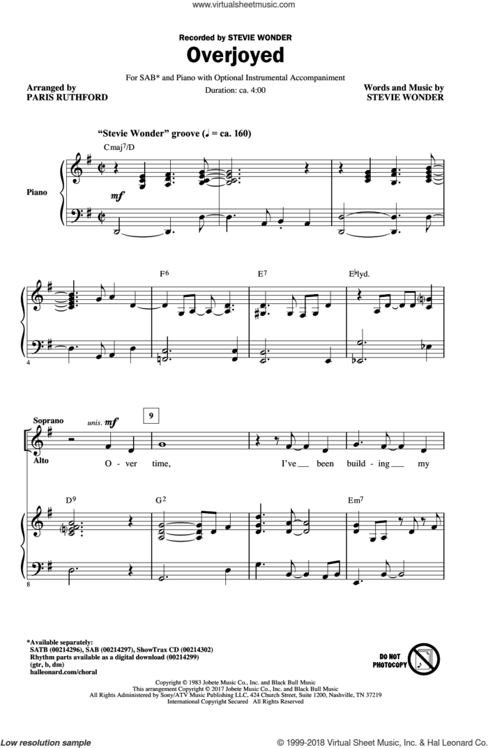 Overjoyed sheet music for choir (SAB: soprano, alto, bass) by Stevie Wonder and Paris Rutherford, intermediate skill level