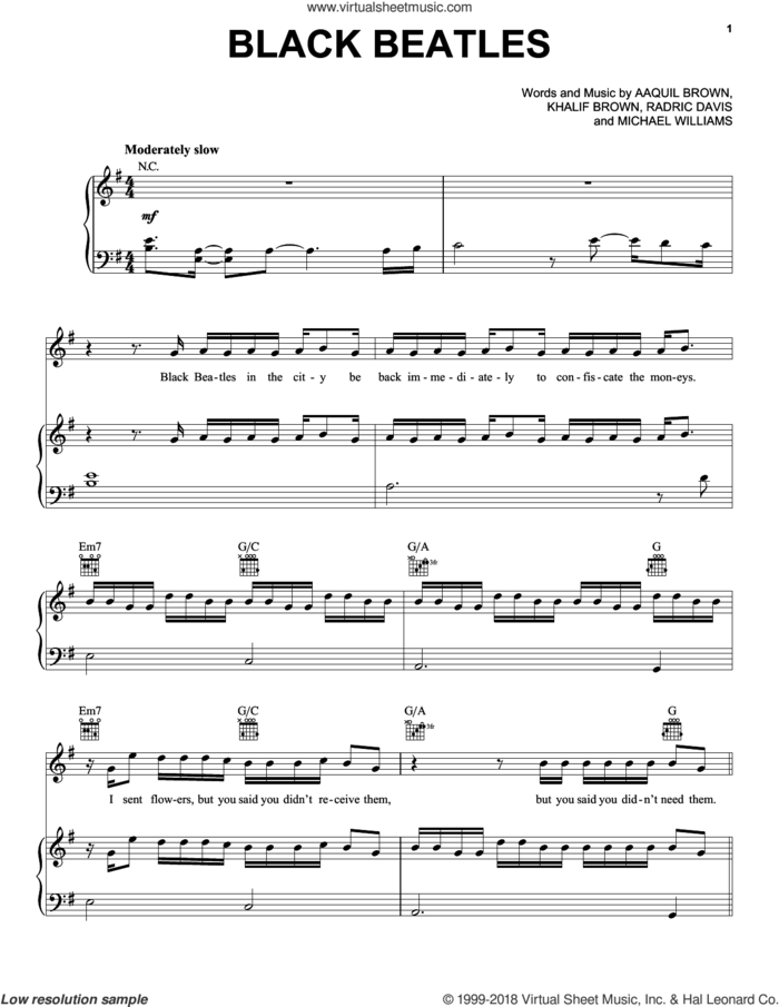 Black Beatles sheet music for voice, piano or guitar by Rae Sremmurd feat. Gucci Mane, Aaquil Brown, Khalif Brown, Michael Williams and Radric Davis, intermediate skill level