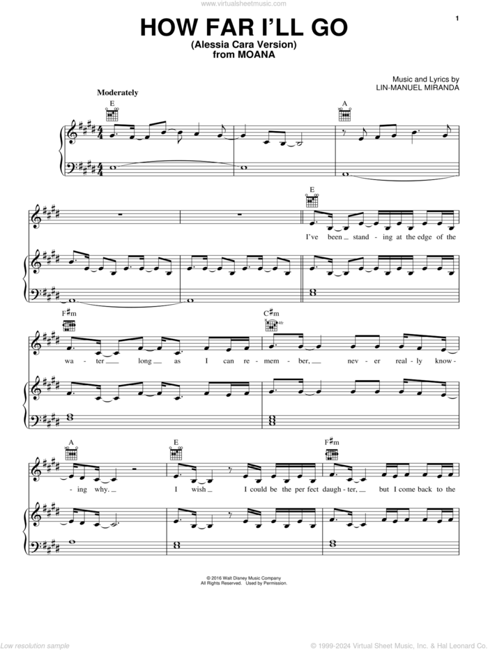 How Far I'll Go (from Moana) sheet music for voice, piano or guitar by Alessia Cara and Lin-Manuel Miranda, intermediate skill level
