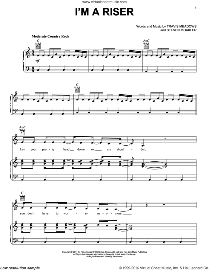 I'm A Riser sheet music for voice, piano or guitar by Dierks Bentley, Steven Moakler and Travis Meadows, intermediate skill level