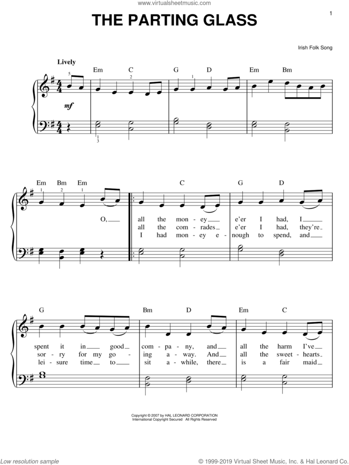 The Parting Glass sheet music for piano solo, easy skill level