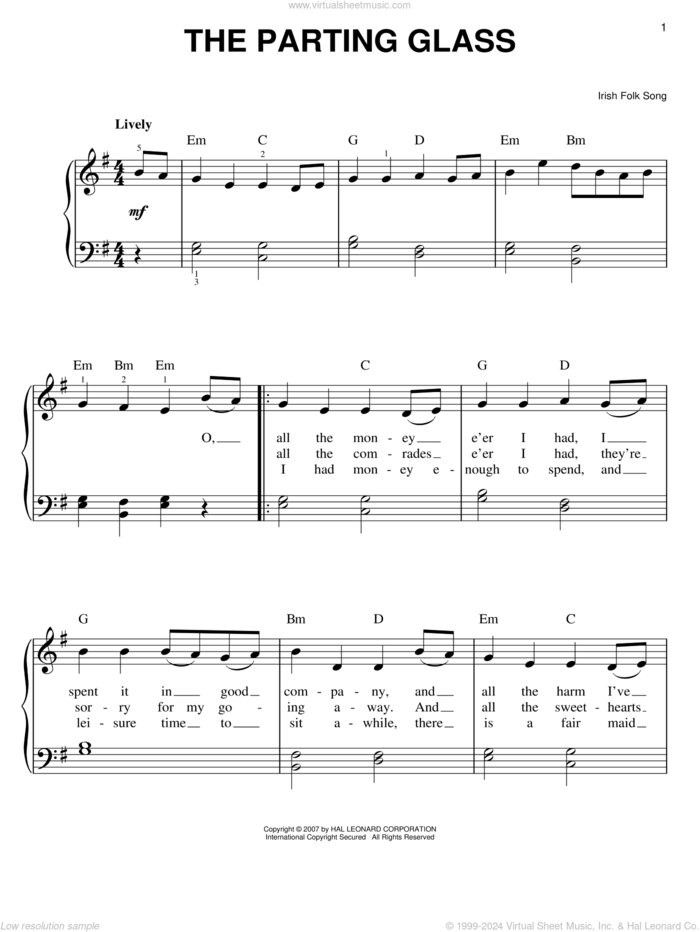 The Parting Glass sheet music for piano solo, easy skill level