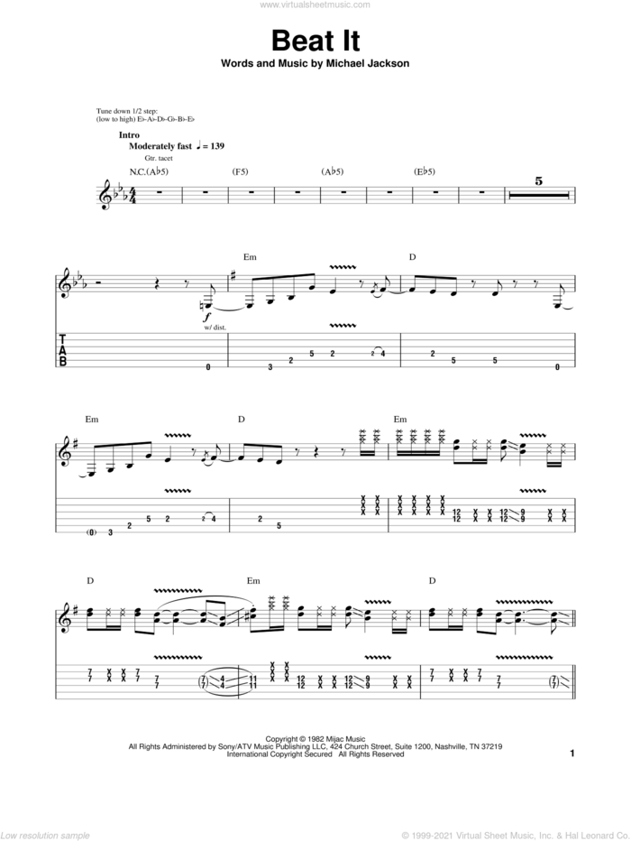 Beat It sheet music for guitar (tablature, play-along) by Michael Jackson, intermediate skill level