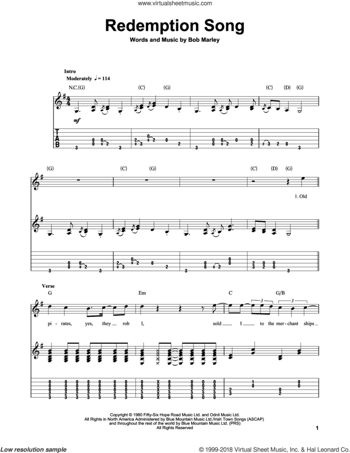 Redemption Song sheet music for guitar (tablature, play-along) by Bob Marley, intermediate skill level