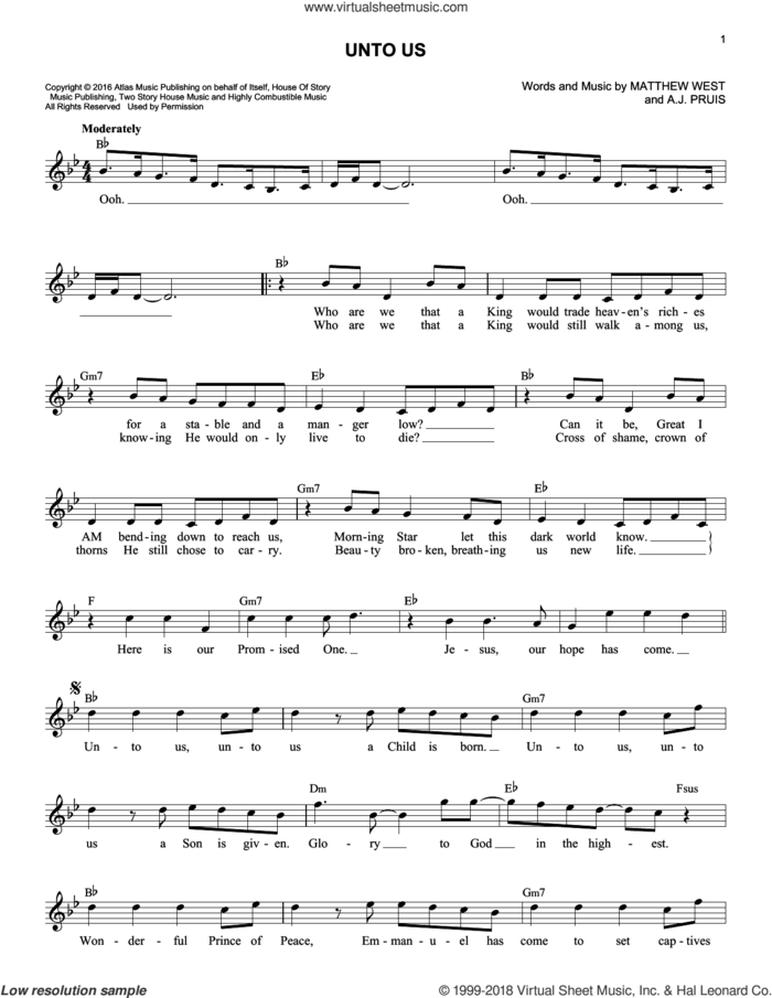 Unto Us sheet music for voice and other instruments (fake book) by Matthew West and A.J. Pruis, intermediate skill level
