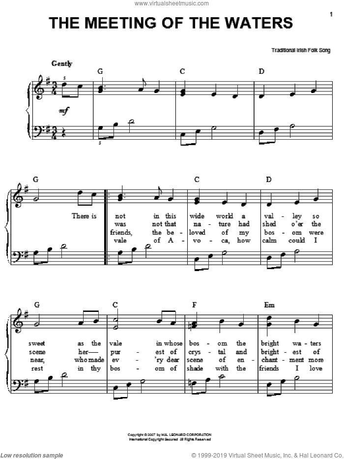 The Meeting Of The Waters sheet music for piano solo, easy skill level